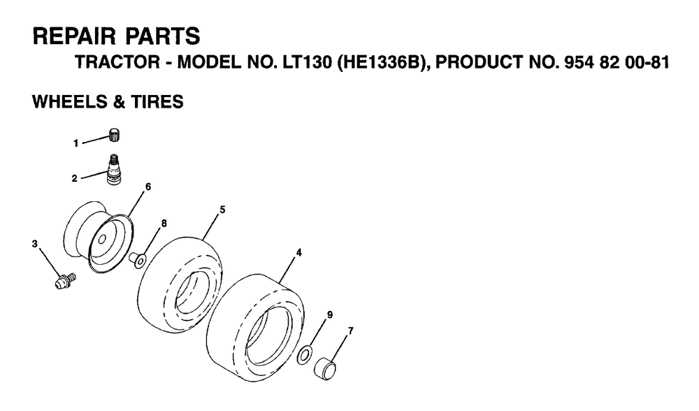 Wheels And Tires Diagram and Parts List for LT130 (954820081-B)(1996-01) Husqvarna Lawn Tractor