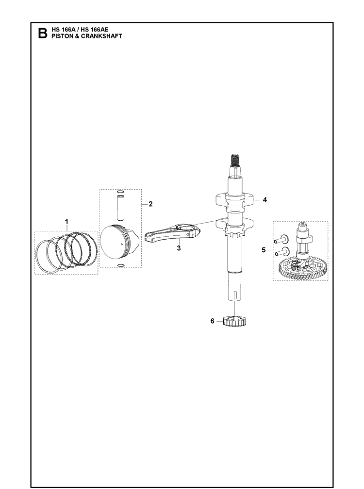 Piston And Crankshaft Diagram and Parts List for HS166AE (531451001)(599912501) Husqvarna Engine