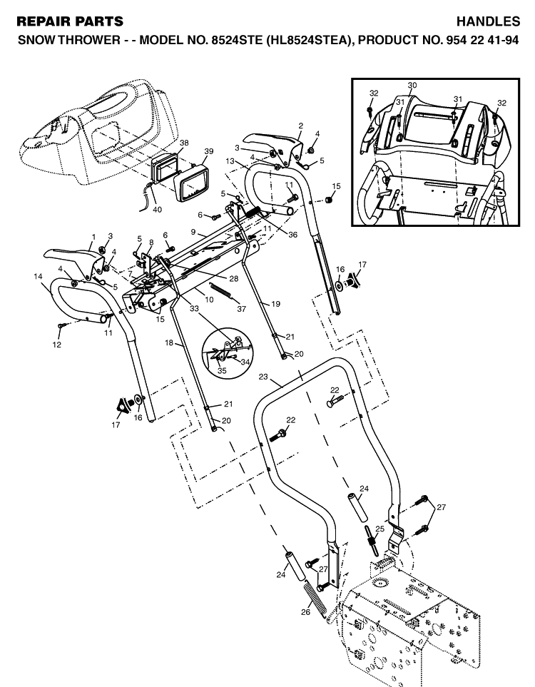 Handle And Controls Diagram and Parts List for 8524STE (HL8524STEA)(2004-08) Husqvarna Snow Blower