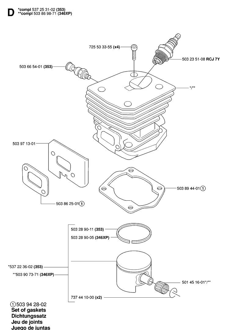 Cylinder Piston Diagram and Parts List for 346XP 20070500001-20071300000 Husqvarna Chainsaw