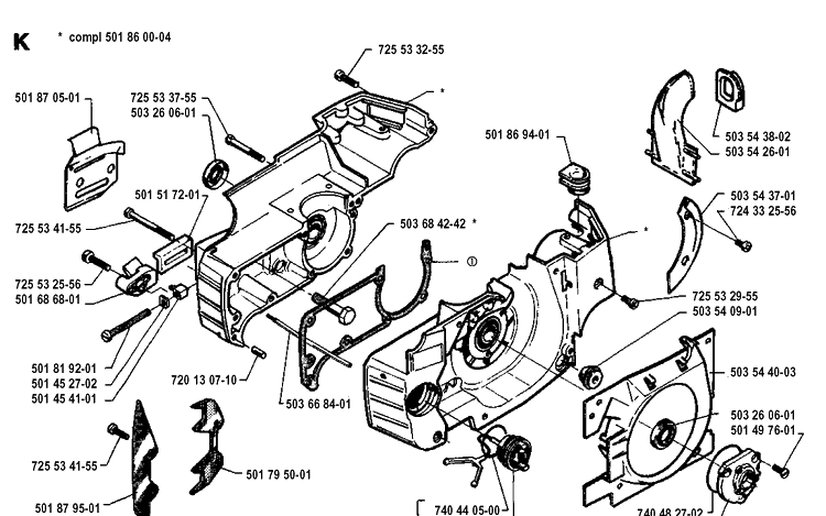 Crankcase Diagram and Parts List for 262XP 19942300001-19960100000 Husqvarna Chainsaw