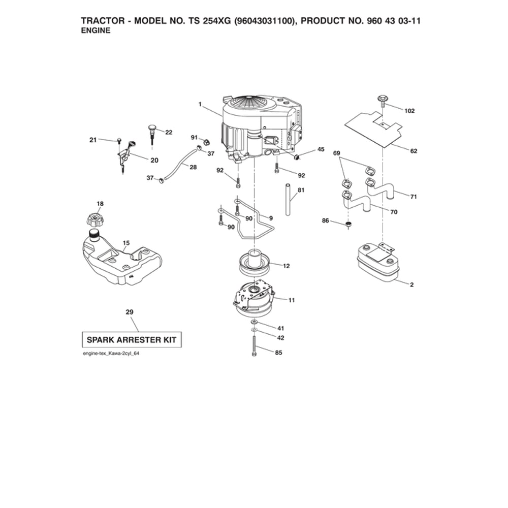 Engine Diagram and Parts List for 96043031100  Husqvarna Lawn Tractor