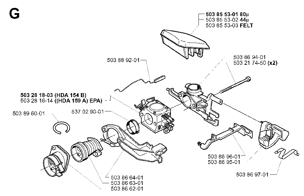 Carburetor And Air Filter Diagram and Parts List for 345EPA 19993600001-20013500000 Husqvarna Chainsaw