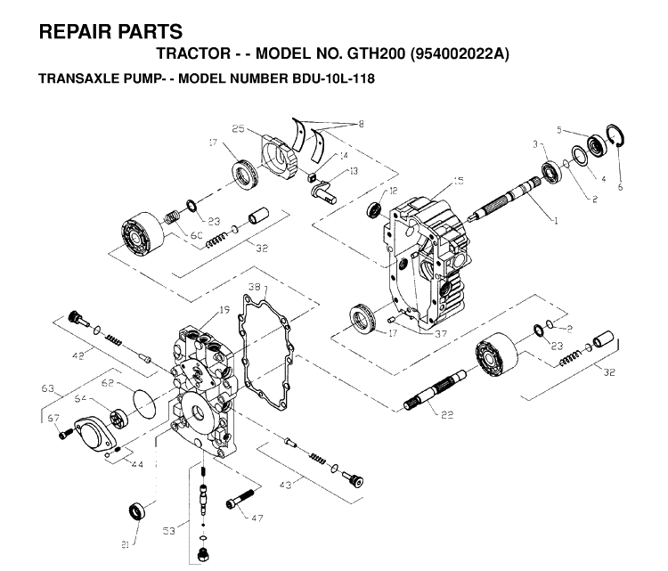 Hydraulic Pump - Motor Diagram and Parts List for GTH200 (954002022A)(1995-05) Husqvarna Lawn Tractor