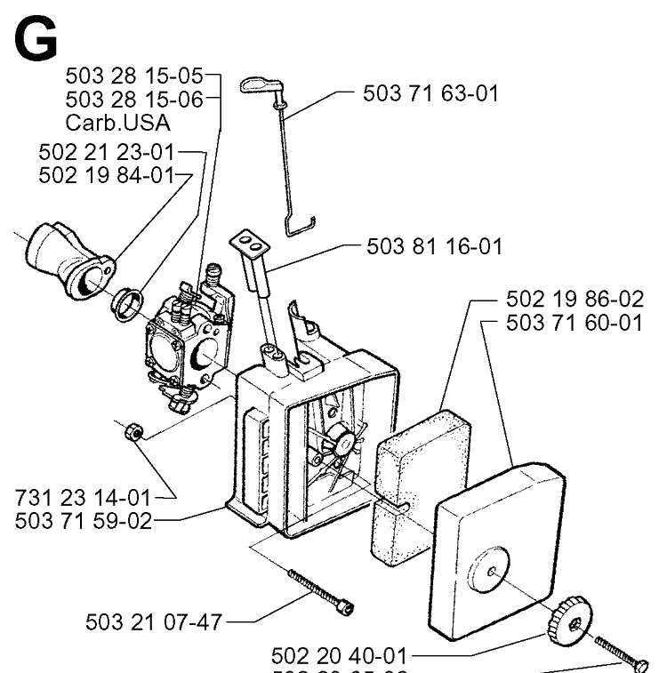 Carburetor And Air Filter Diagram and Parts List for 225BV 19963100001-19970500000 Husqvarna Leaf Blower / Vacuum