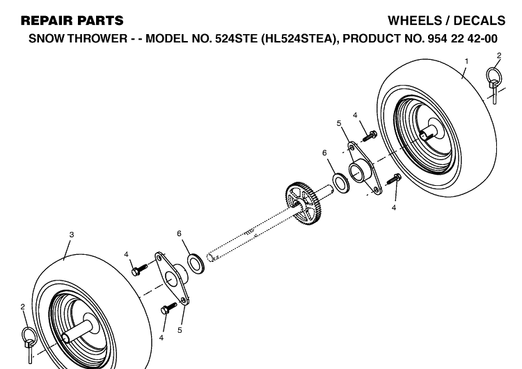 Wheels And Tires Diagram and Parts List for 524STE (HL524STEA)(2004-08) Husqvarna Snow Blower