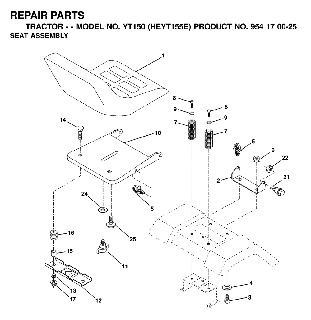 Seat Diagram and Parts List for YT150 (954170025-E)(2000-03) Husqvarna Lawn Tractor