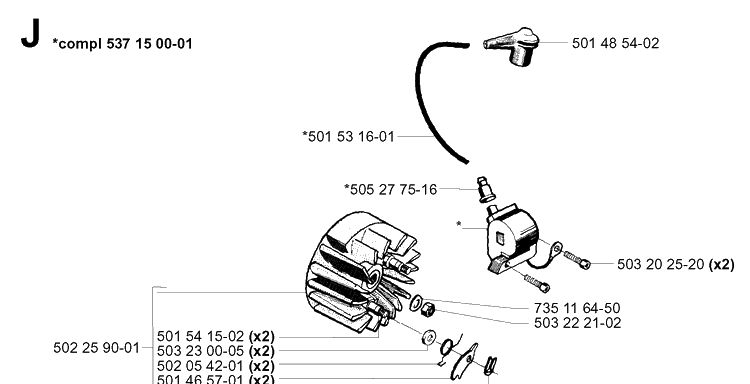 Ignition System Diagram and Parts List for 252RX 20011800001-20023100000 Husqvarna Brush Cutter