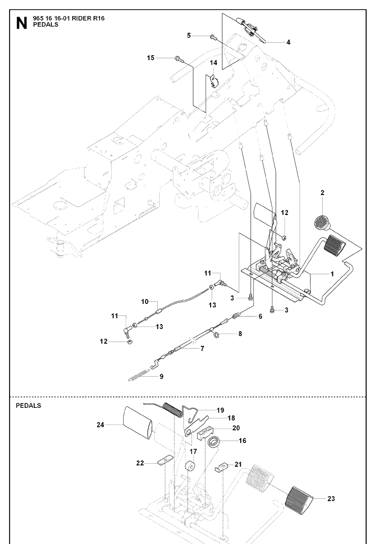 Pedals Diagram and Parts List for RIDER16 (965161601)(2007-06) Husqvarna Lawn Mower