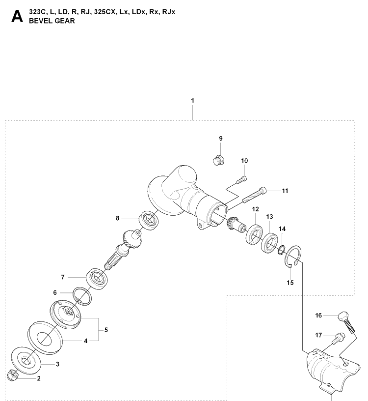 Bevel Gear Diagram and Parts List for 325LDX 20080900001-Current Husqvarna Edger
