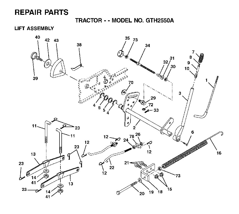 Mower Lift / Deck Lift Diagram and Parts List for GTH2550A (954567109)(2001-05) Husqvarna Lawn Tractor
