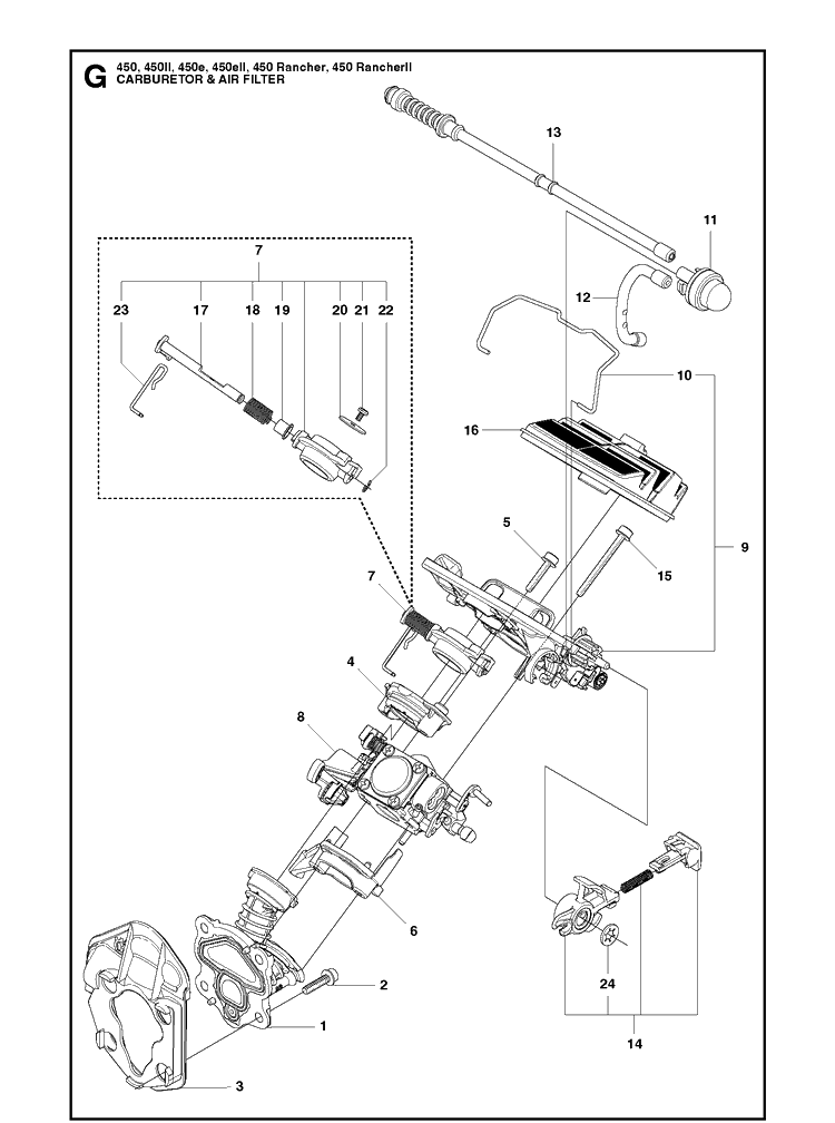 Carburetor And Air Filter Diagram and Parts List for 450 450II-450E-450EII-450 RANCHER-450 RANCHERII Husqvarna Chainsaw