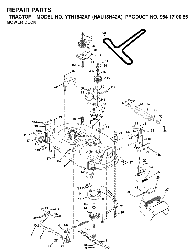 Mower Deck / Cutting Deck Diagram and Parts List for YTH1542XP (HAU15H42A)(2003-01) Husqvarna Lawn Tractor