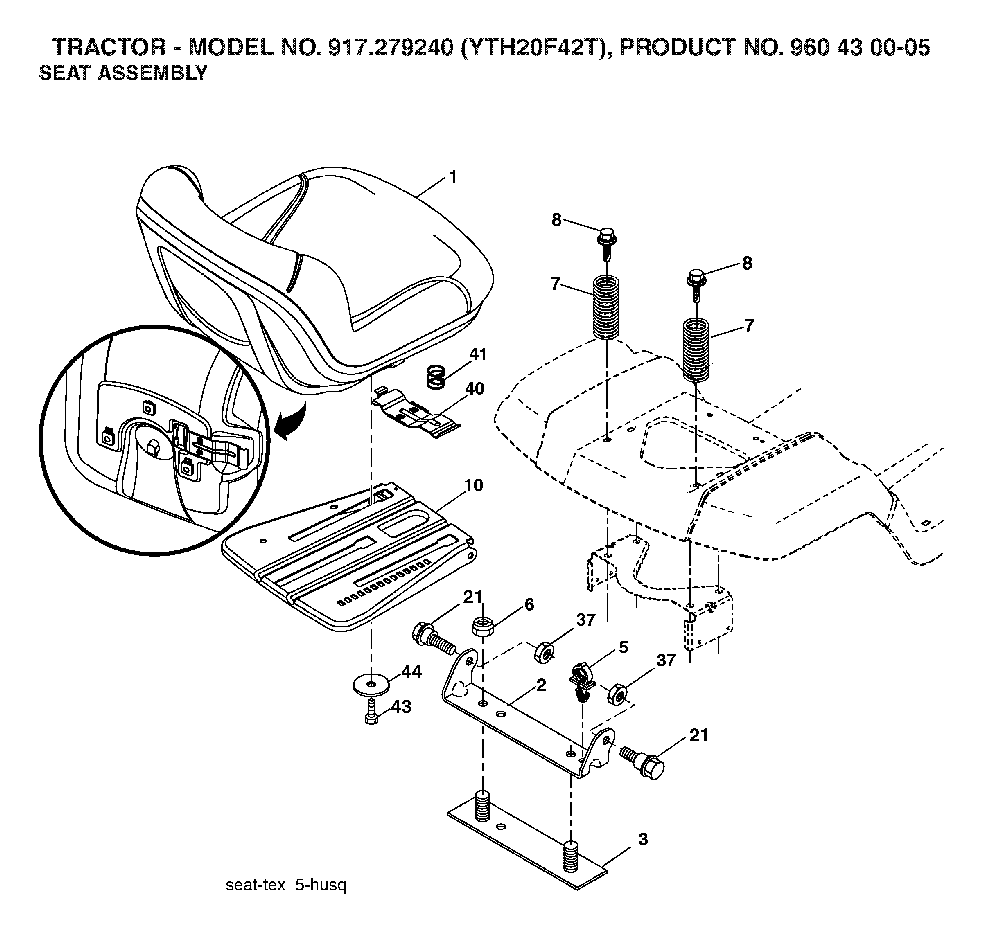 Seat Diagram and Parts List for YTH20F42T (917279240, 960430005)(2006-02) Husqvarna Lawn Tractor
