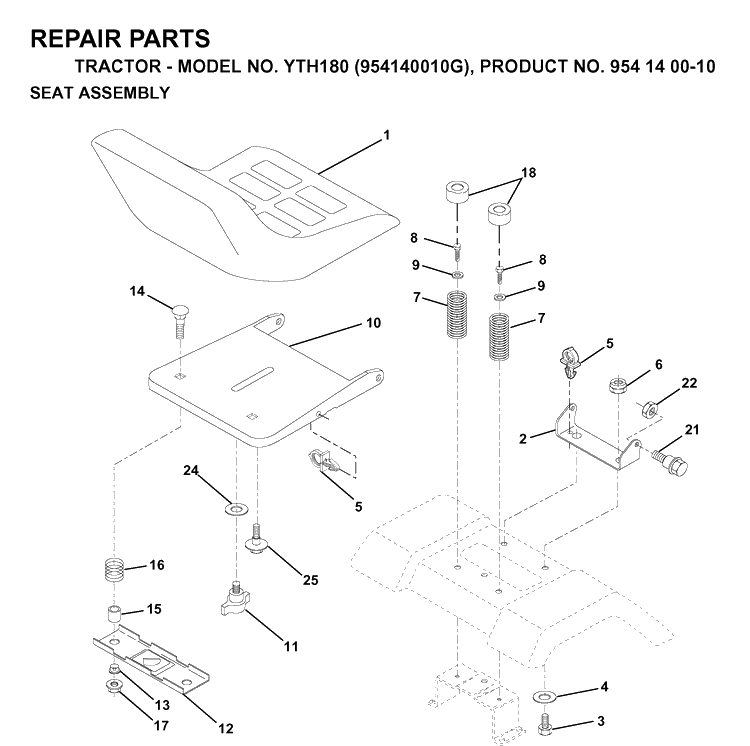 Seat Diagram and Parts List for YTH180 (954140010G)(1998-10) Husqvarna Lawn Tractor