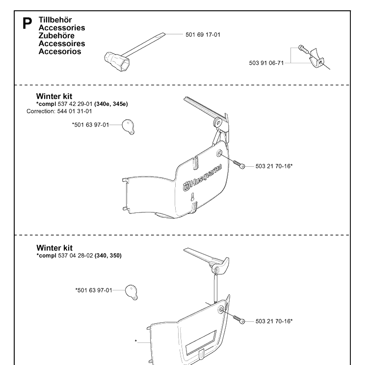 Accessories Diagram and Parts List for 340E 20051800001-20062300000 Husqvarna Chainsaw