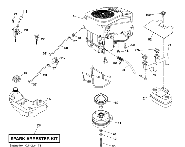 Engine Diagram and Parts List for TS242 (96043030600)(2019-07) Husqvarna Lawn Tractor