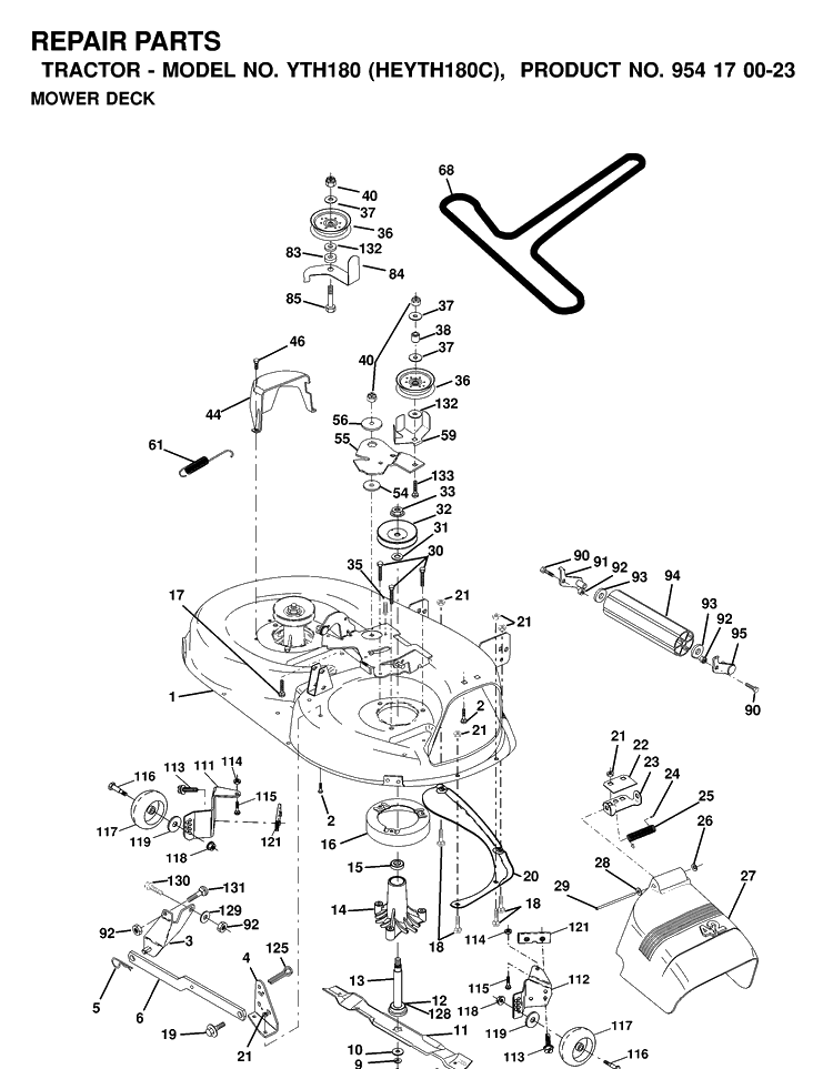 Mower Deck / Cutting Deck Diagram and Parts List for YTH180 (HEYTH180C)(2000-03) Husqvarna Lawn Tractor
