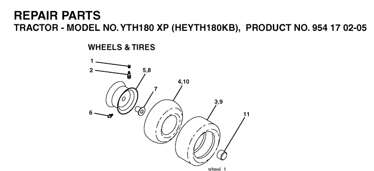Wheels And Tires Diagram and Parts List for YTH180XP (HEYTH180KB)(2004-01) Husqvarna Lawn Tractor