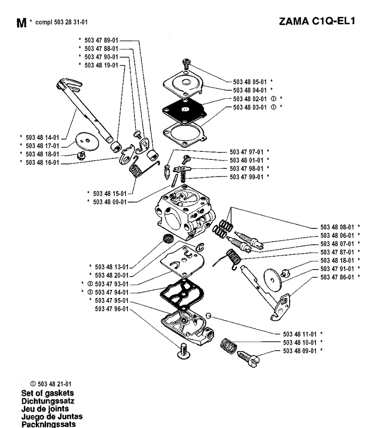 Carburetor Details Diagram and Parts List for 45 19902200001-19912200000 Husqvarna Chainsaw