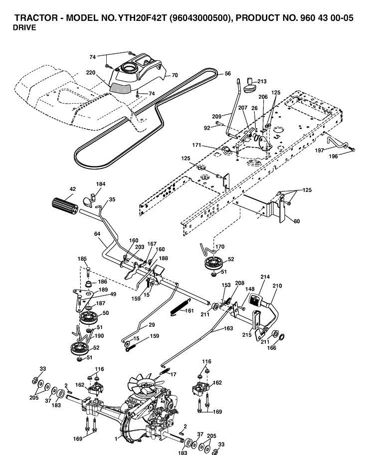 Drive Diagram and Parts List for YTH20F42T (96043000500)(2006-02) Husqvarna Lawn Tractor