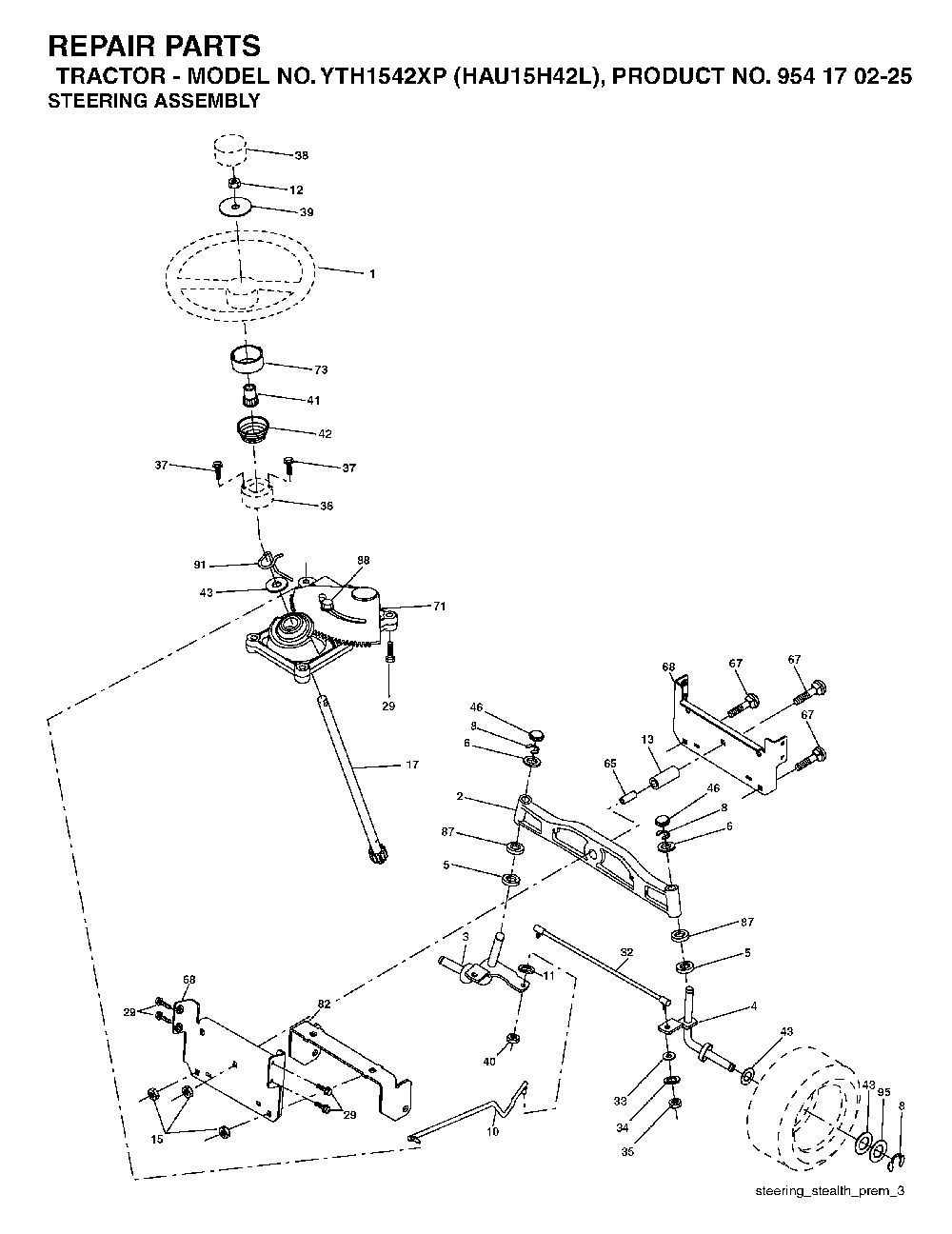 Steering Diagram and Parts List for YTH1542XP (HAU15H42L, 954170225)(2005-05) Husqvarna Lawn Tractor