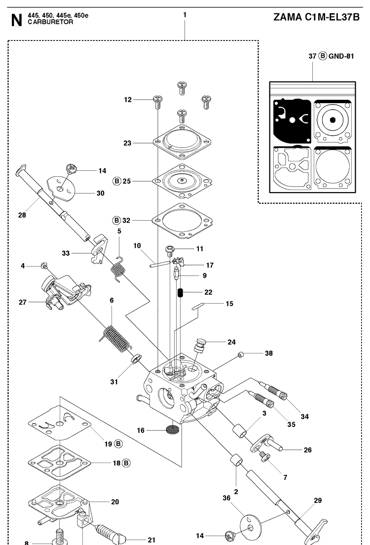 Carburetor 2 Diagram and Parts List for 445E 20103600001-20112700000 Husqvarna Chainsaw