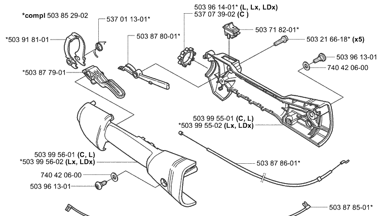 Throttle Assembly Diagram and Parts List for 323L 2004-03 Husqvarna Brush Cutter