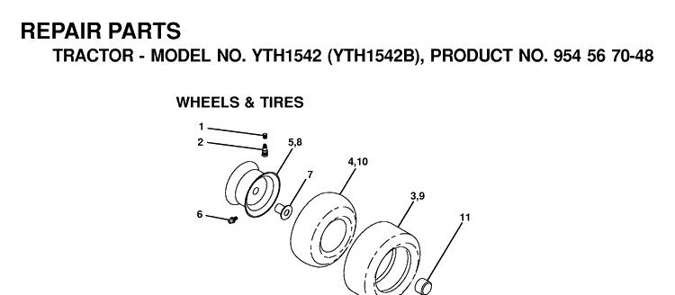 Wheels And Tires Diagram and Parts List for YTH1542 (954567048)(2001-01) Husqvarna Lawn Tractor
