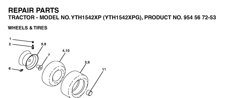 Wheels And Tires Diagram and Parts List for YTH1542XP (954567253)(2003-03) Husqvarna Lawn Tractor