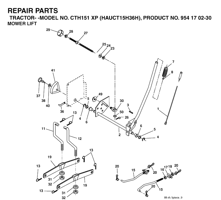 Mower Lift / Deck Lift Diagram and Parts List for CTH151XP (HAUCT15H36H)(2005-05) Husqvarna Lawn Tractor