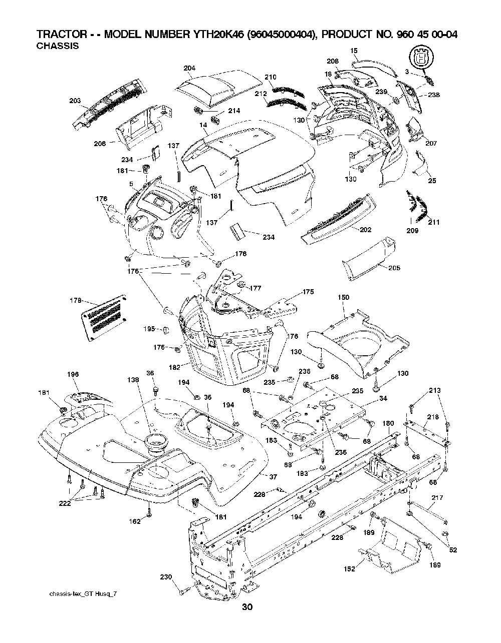 Chassis / Frame Diagram and Parts List for YTH20K4696045000404 2007-10 Husqvarna Lawn Tractor