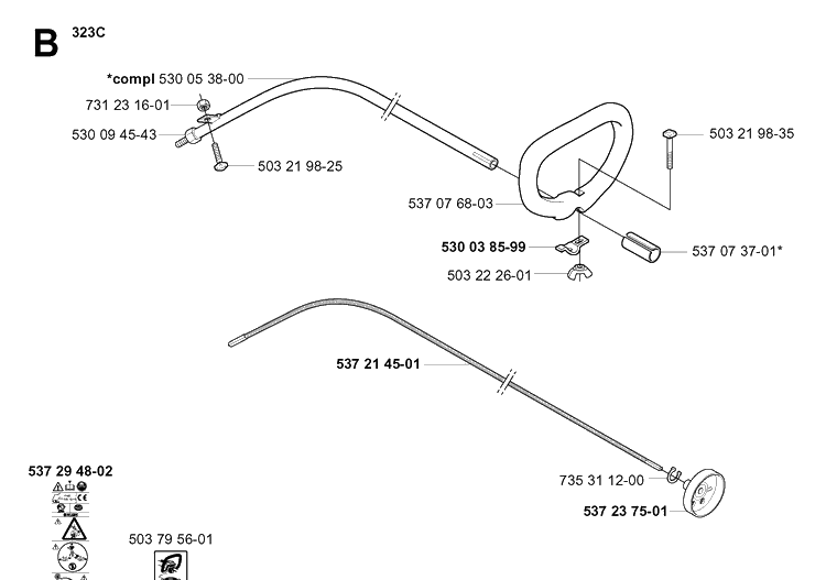 Shaft And Handle Diagram and Parts List for 323L 20051800001-20061400000 Husqvarna Edger