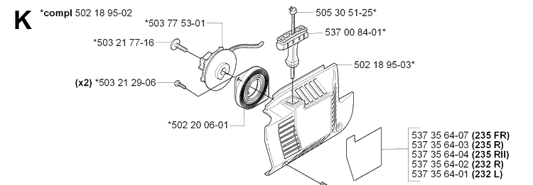 Starter Diagram and Parts List for 232L 20070100001-Current Husqvarna Edger