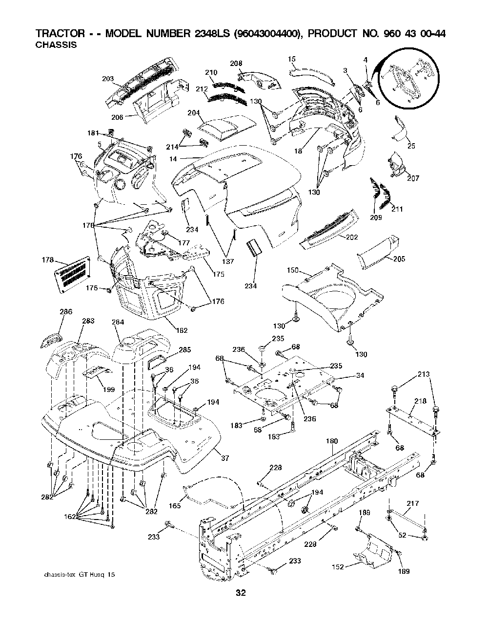 Chassis / Frame Diagram and Parts List for 2348LS (96043004400)(2008-01) Husqvarna Lawn Tractor