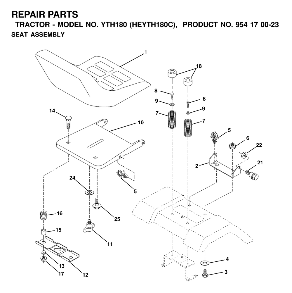 Seat Diagram and Parts List for YTH180 (954170023-C)(2000-03) Husqvarna Lawn Tractor