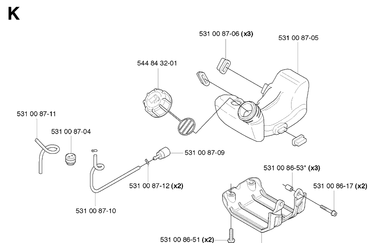 Fuel Tank Diagram and Parts List for 224L  Husqvarna Edger