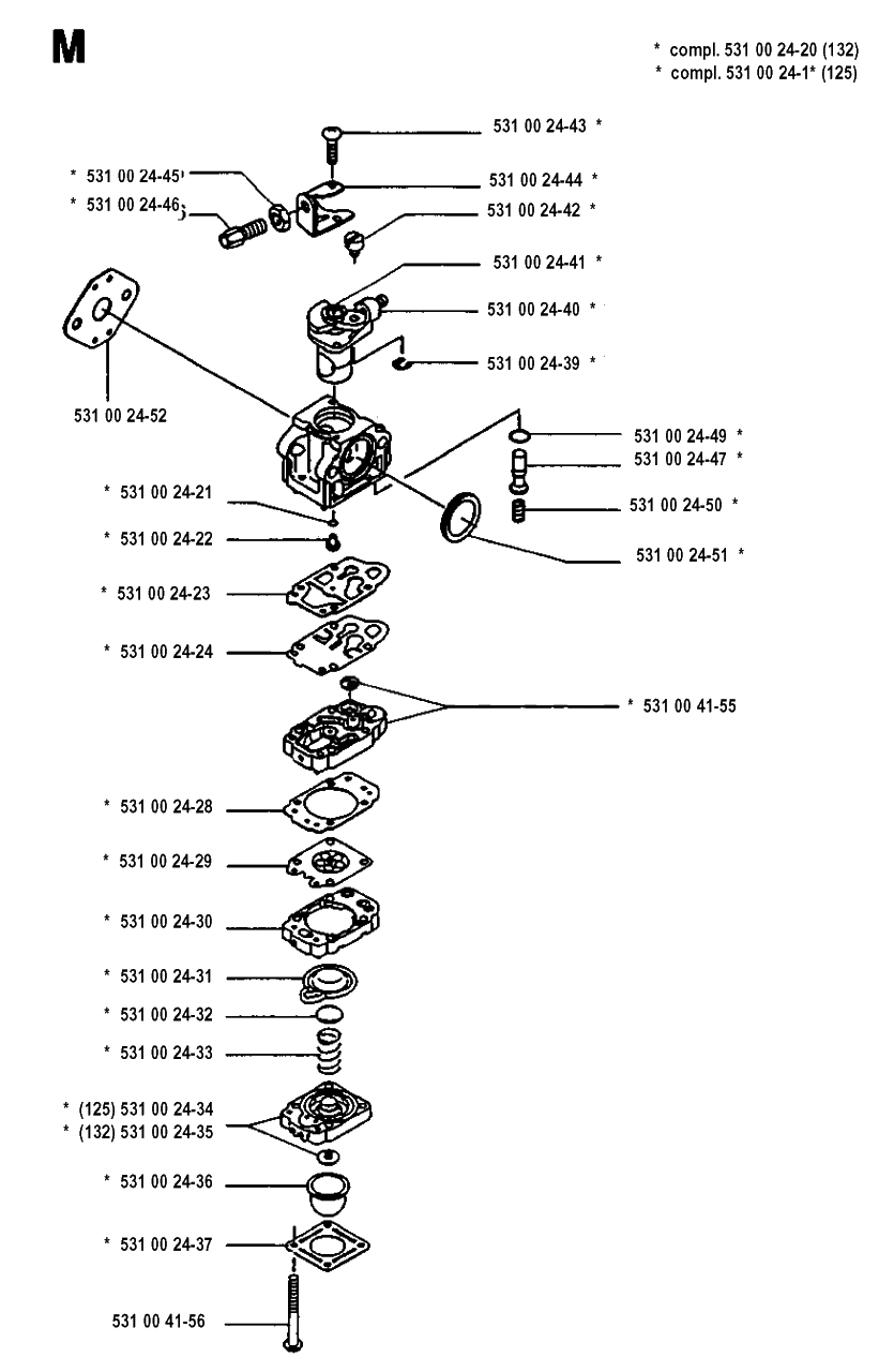 Carburetor Details Diagram and Parts List for 125RB 19931400001 & Above Husqvarna Trimmer