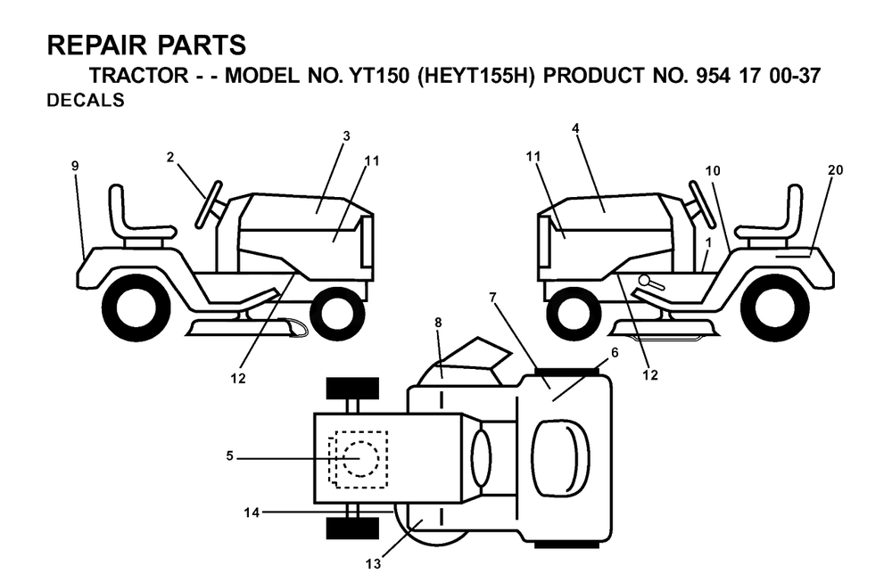 Decals Diagram and Parts List for YT150 (954170037-H)(2001-09) Husqvarna Lawn Tractor