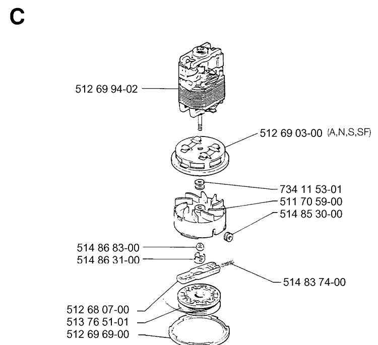 Motor Diagram and Parts List for 19900100001-19911800000  Husqvarna Trimmer