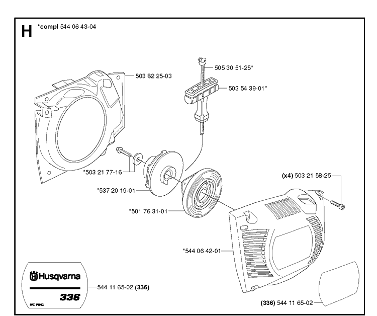 Starter Diagram and Parts List for 336 20063600001-Current Husqvarna Chainsaw