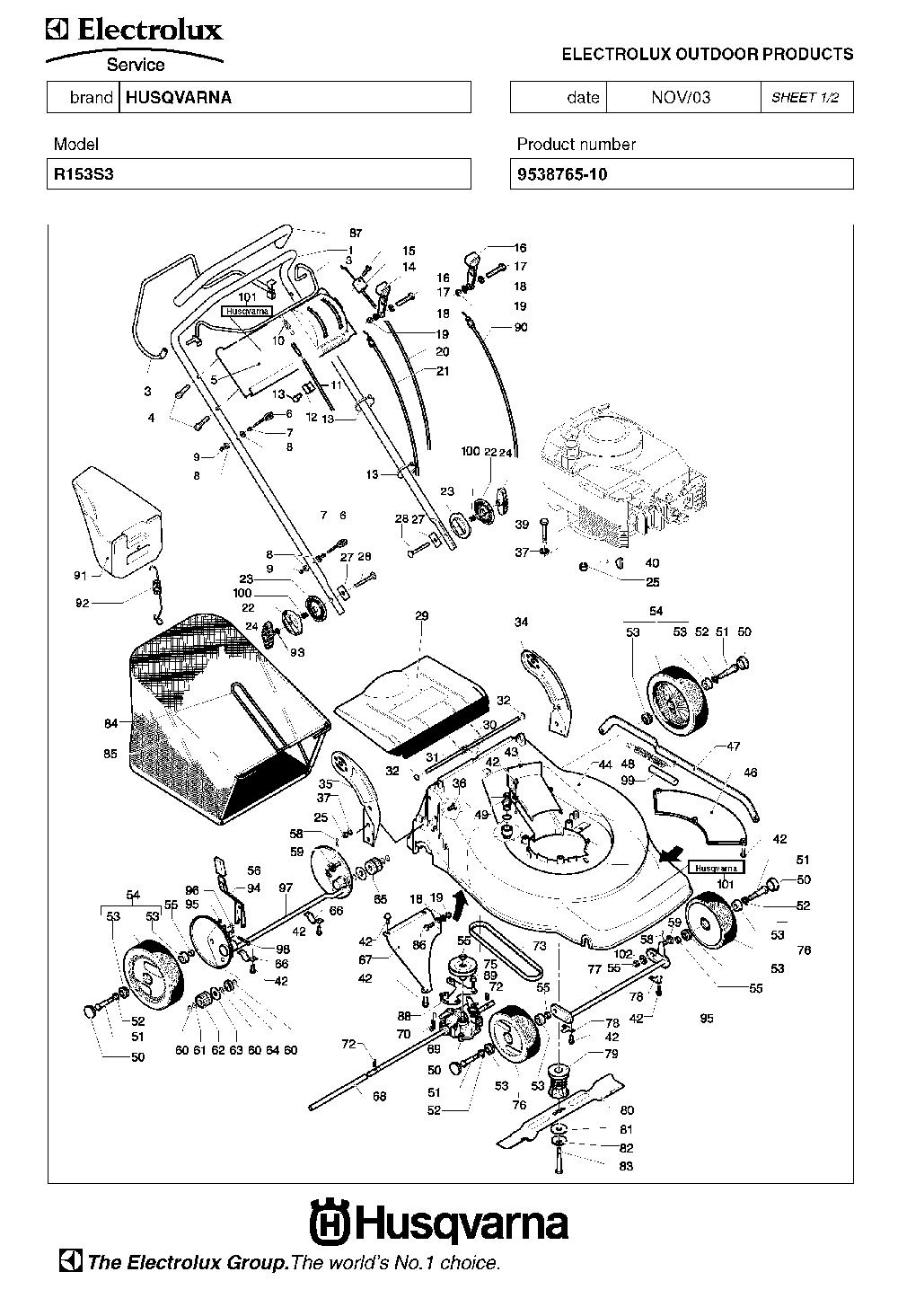 Product Complete Diagram and Parts List for R153S3 (953876510)(2004-03) Husqvarna Lawn Mower
