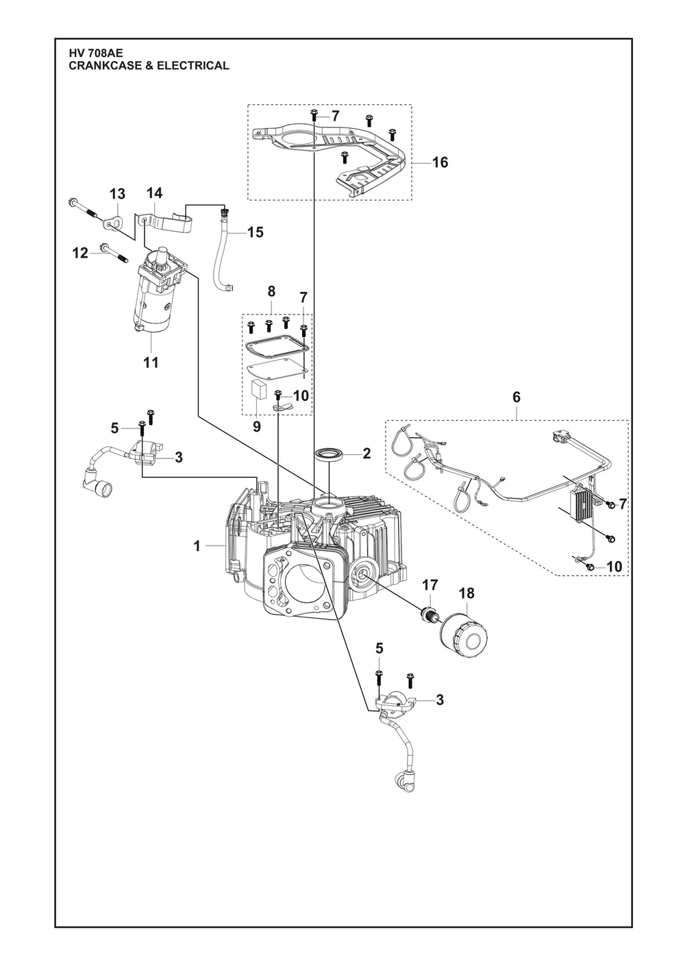Crankcase And Electrical Diagram and Parts List for HV708AE  Husqvarna Engine