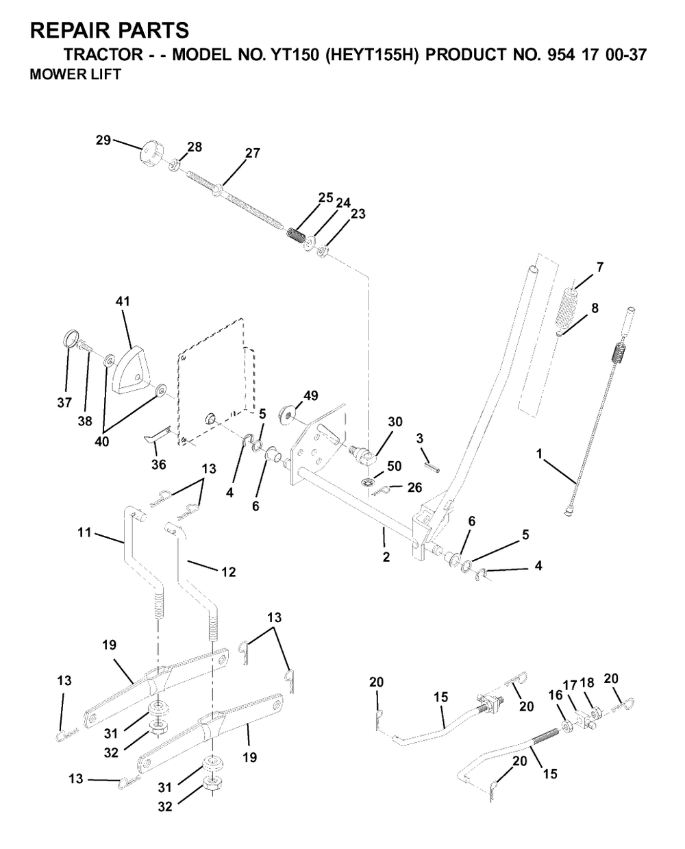 Mower Lift / Deck Lift Diagram and Parts List for YT150 (954170037-H)(2001-09) Husqvarna Lawn Tractor