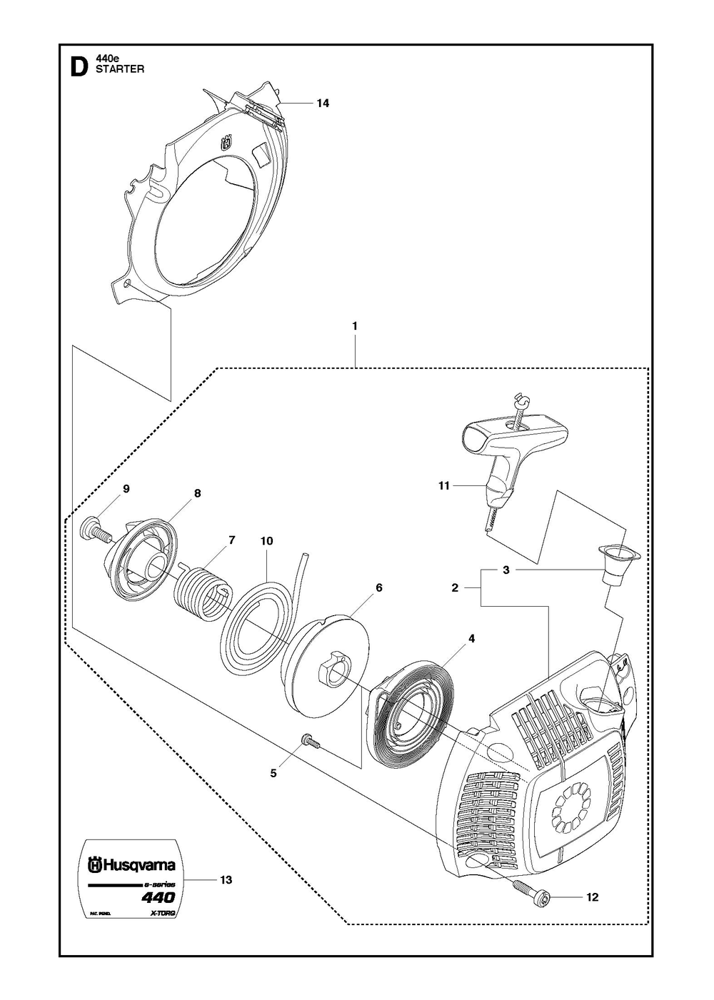 Starter Diagram and Parts List for 440 e-series Husqvarna Chainsaw