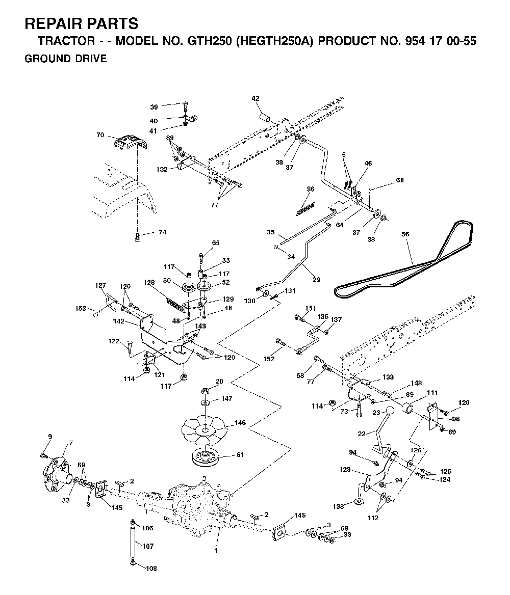 Drive Diagram and Parts List for GTH250 (HEGTH250A, 954170055)(2002-03) Husqvarna Lawn Tractor