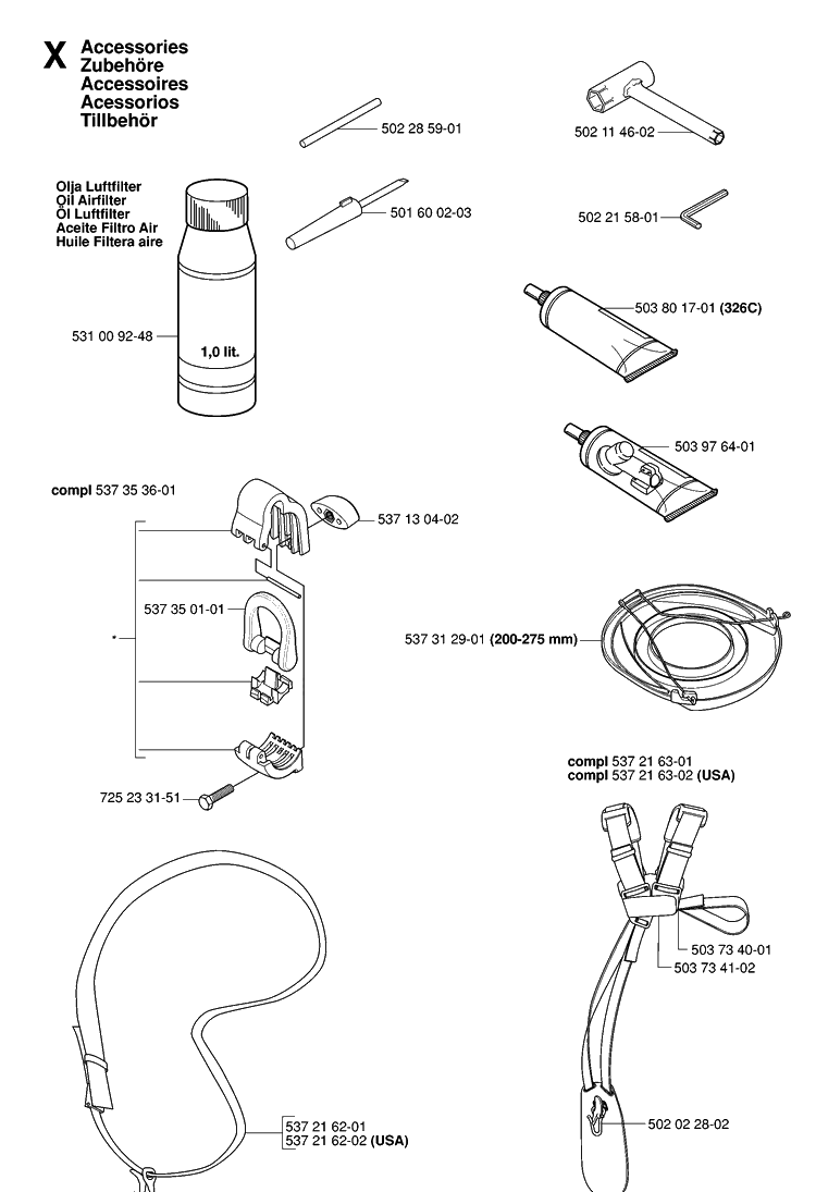 Accessories Diagram and Parts List for 326RX 20061400001-20070100000 Husqvarna Brush Cutter
