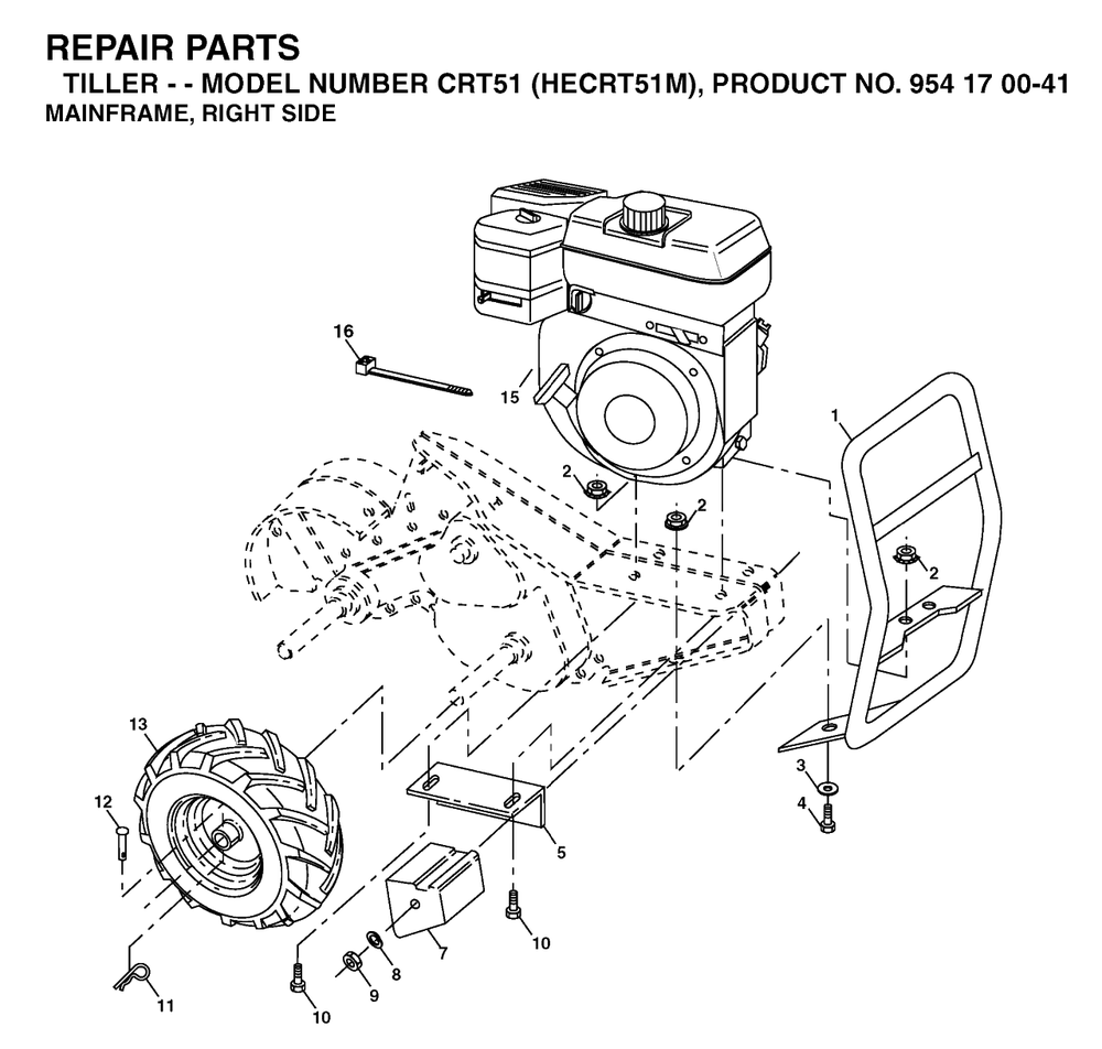Mainframe, Right Side Diagram and Parts List for CRT51 (954170041-M)(2003-09) Husqvarna Tiller