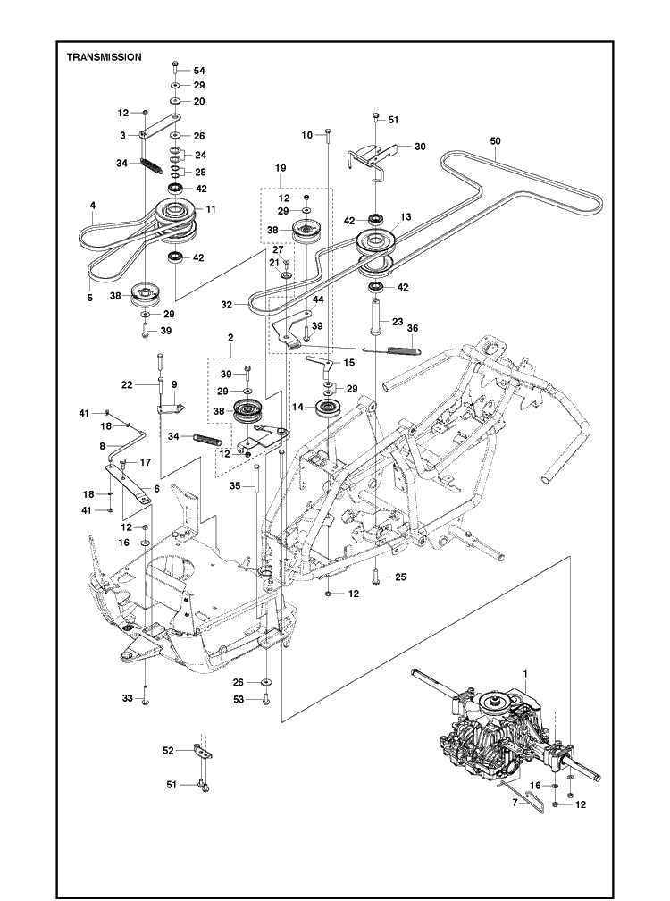 Transmission Diagram and Parts List for R112C (967178402)(2021-01) Husqvarna Lawn Mower