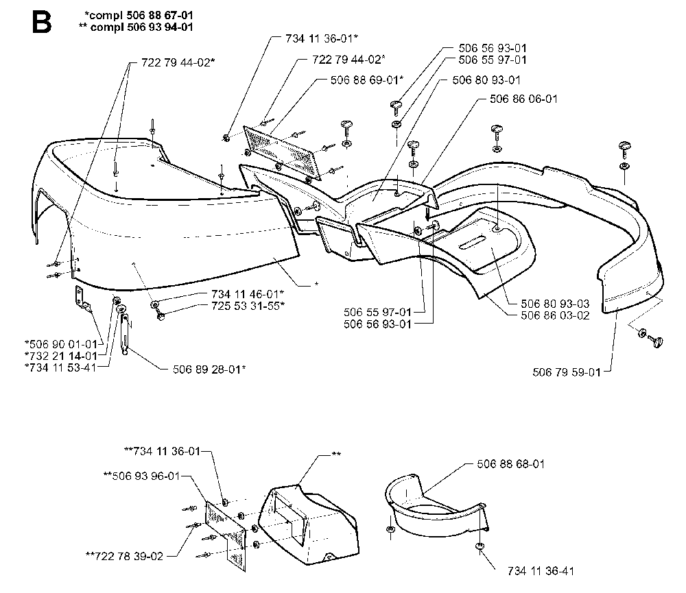 Hood Diagram and Parts List for RIDER1030BIOCLIP 1997-05 Husqvarna Lawn Tractor
